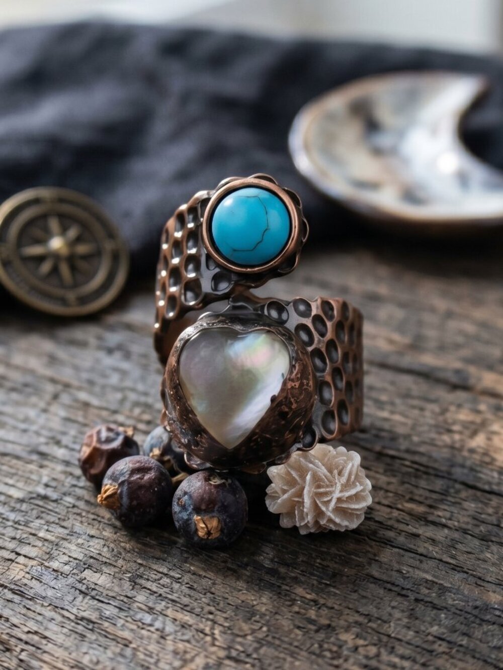 Rainbow Moonstone Heart Ring Bronze Boho Statement Adjustable Turquenite 8-11